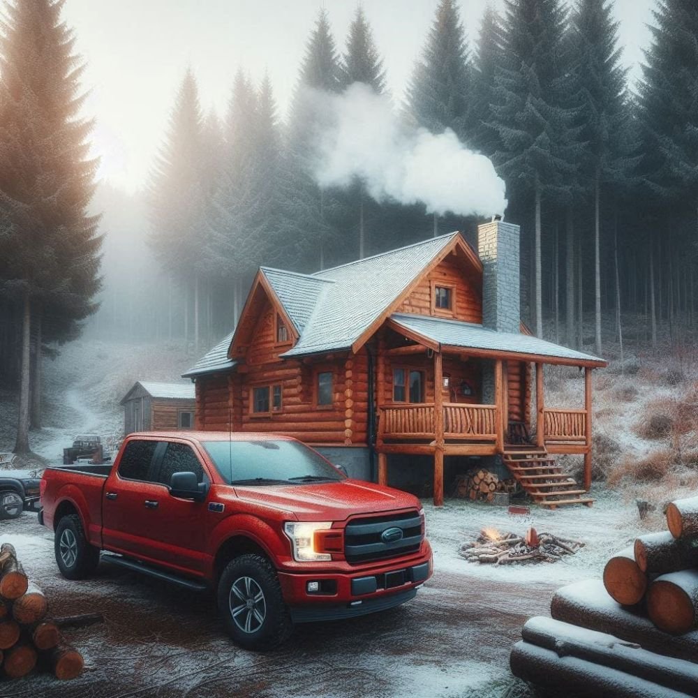 a red truck parked in front of a log cabin